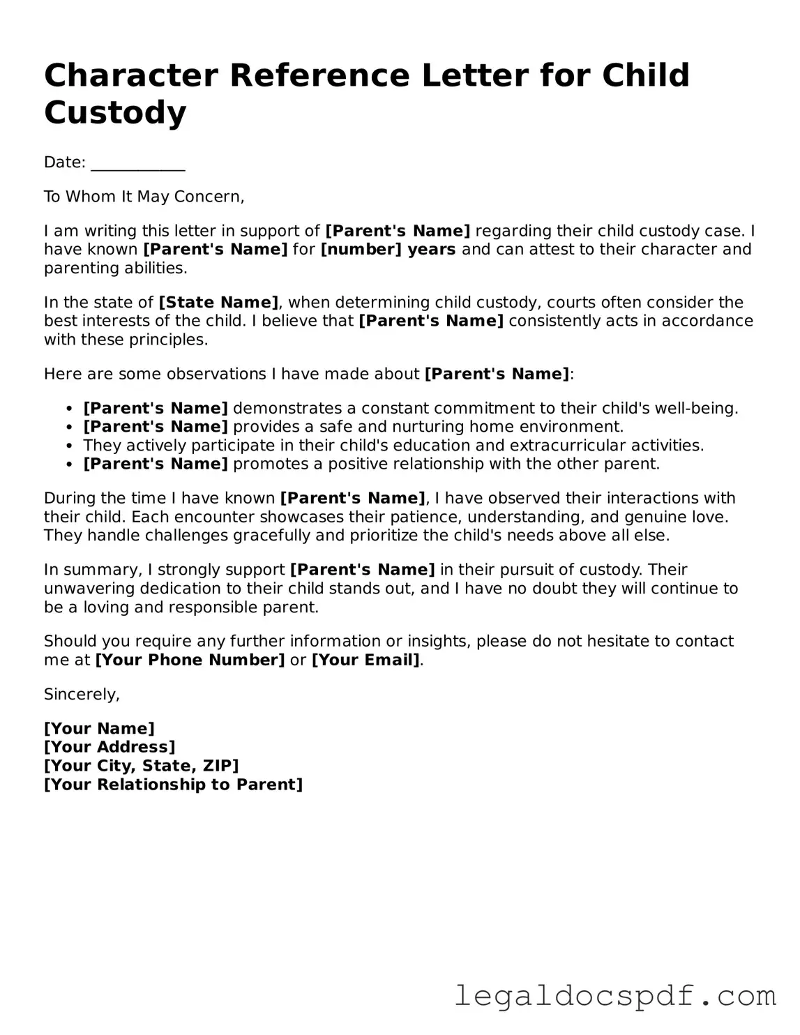 Valid Character Reference Letter for Child Custody Template