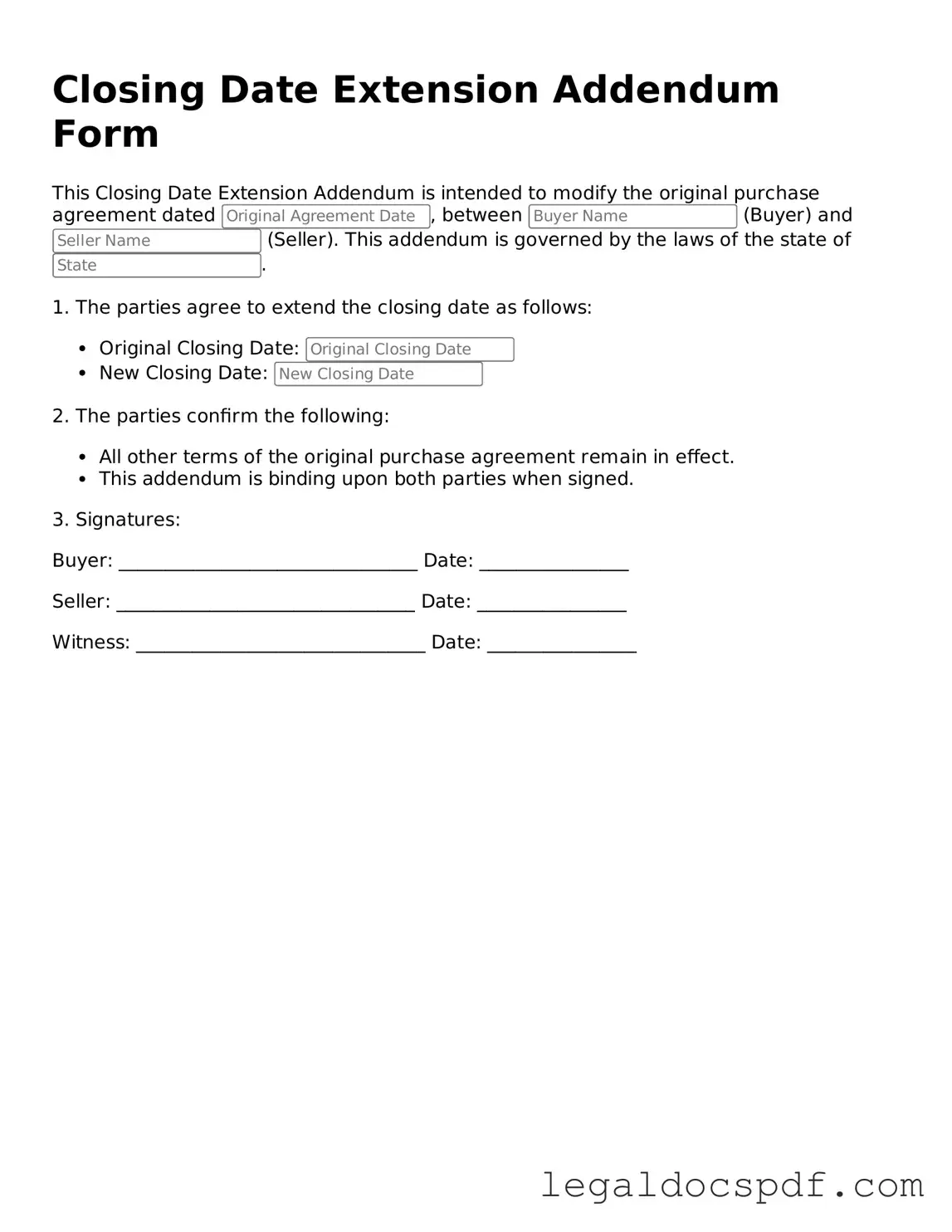 Valid Closing Date Extension Addendum Form Template