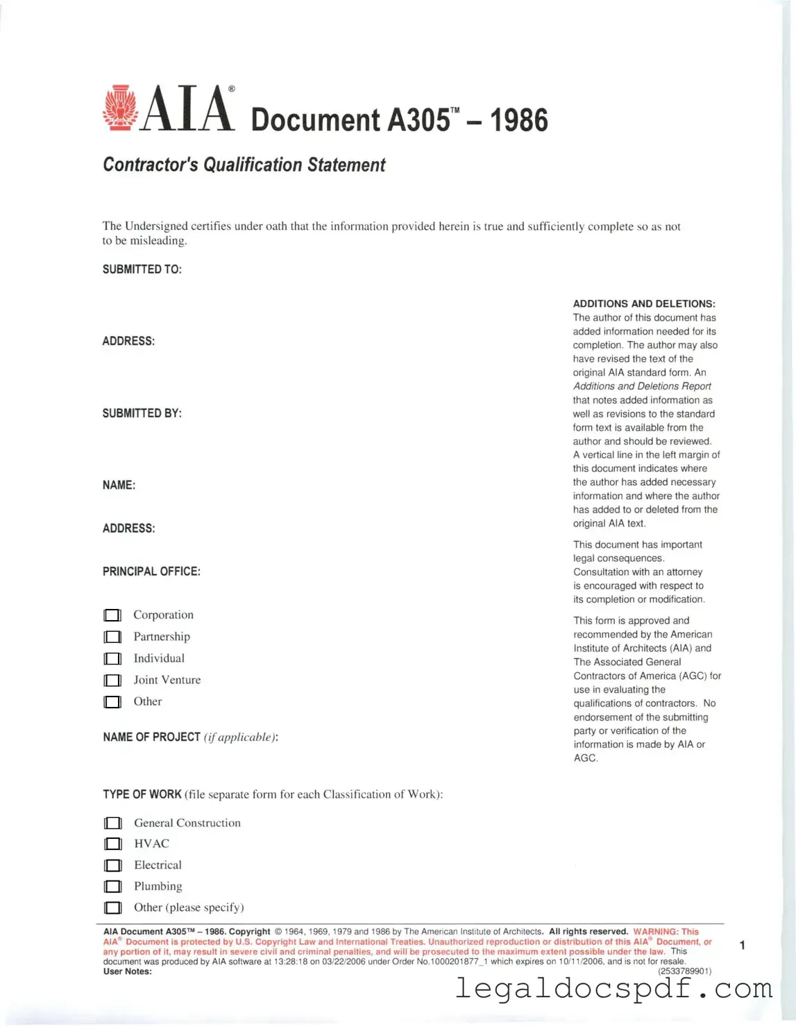 Fill Out Your AIA A305 Form