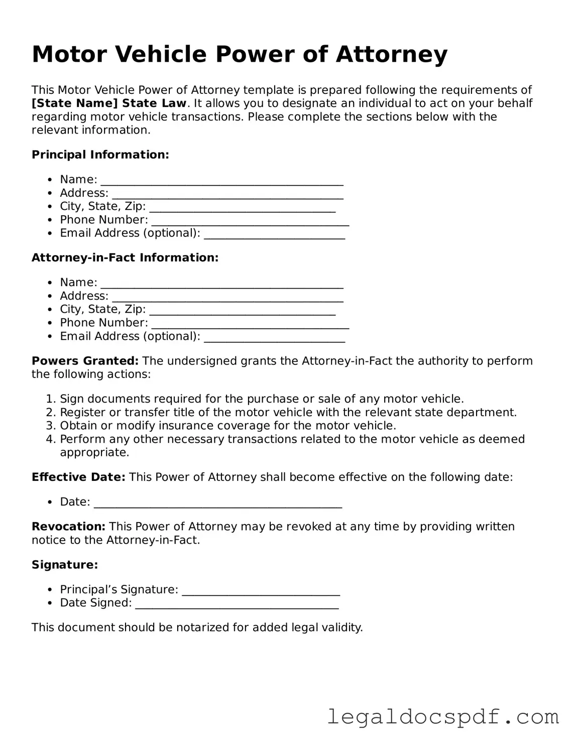 Valid Motor Vehicle Power of Attorney Template