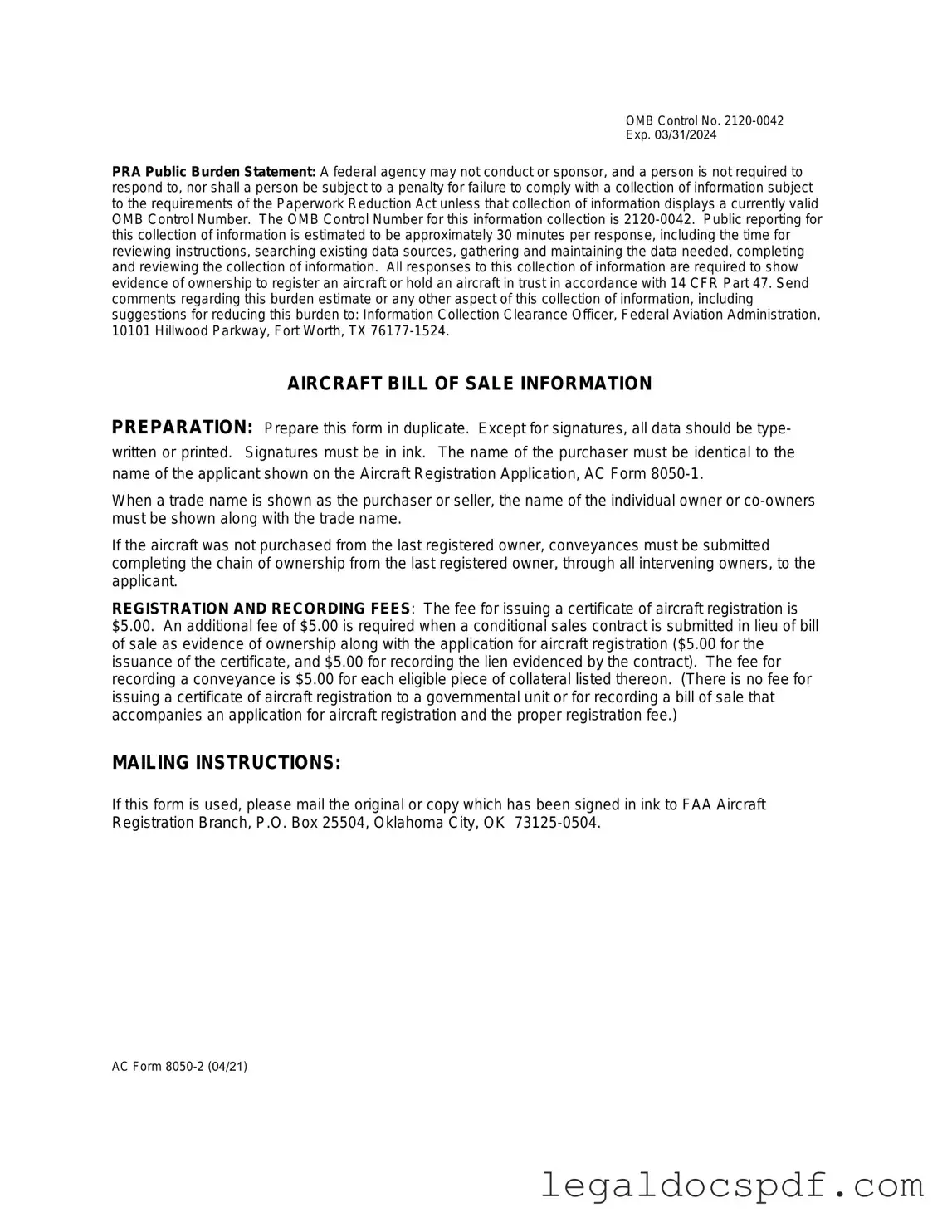 Fill Out Your Aircraft Bill of Sale AC 8050-2 Form