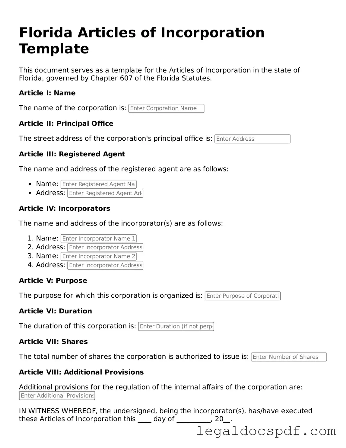 Legal Florida Articles of Incorporation Form