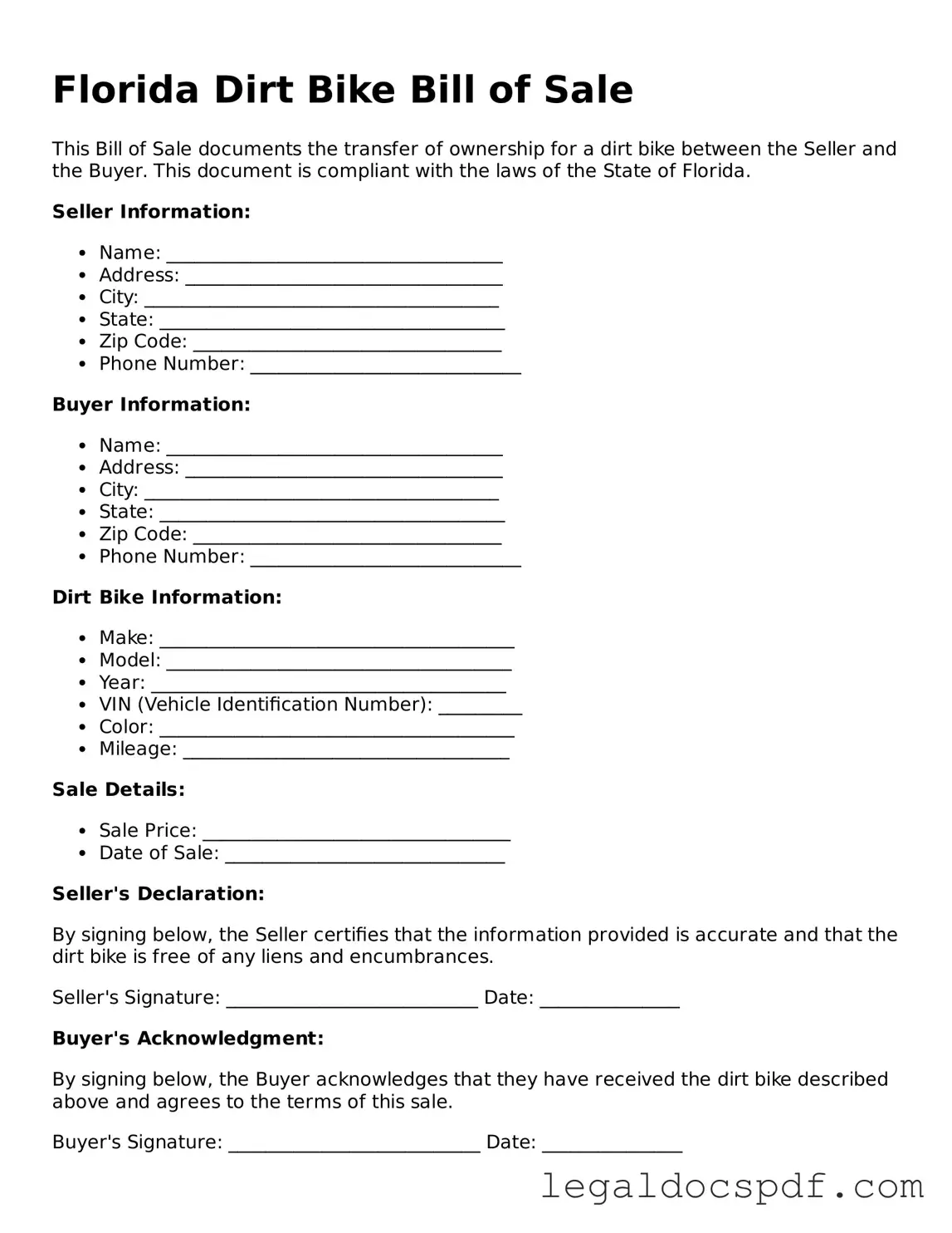 Legal Florida Dirt Bike Bill of Sale Form