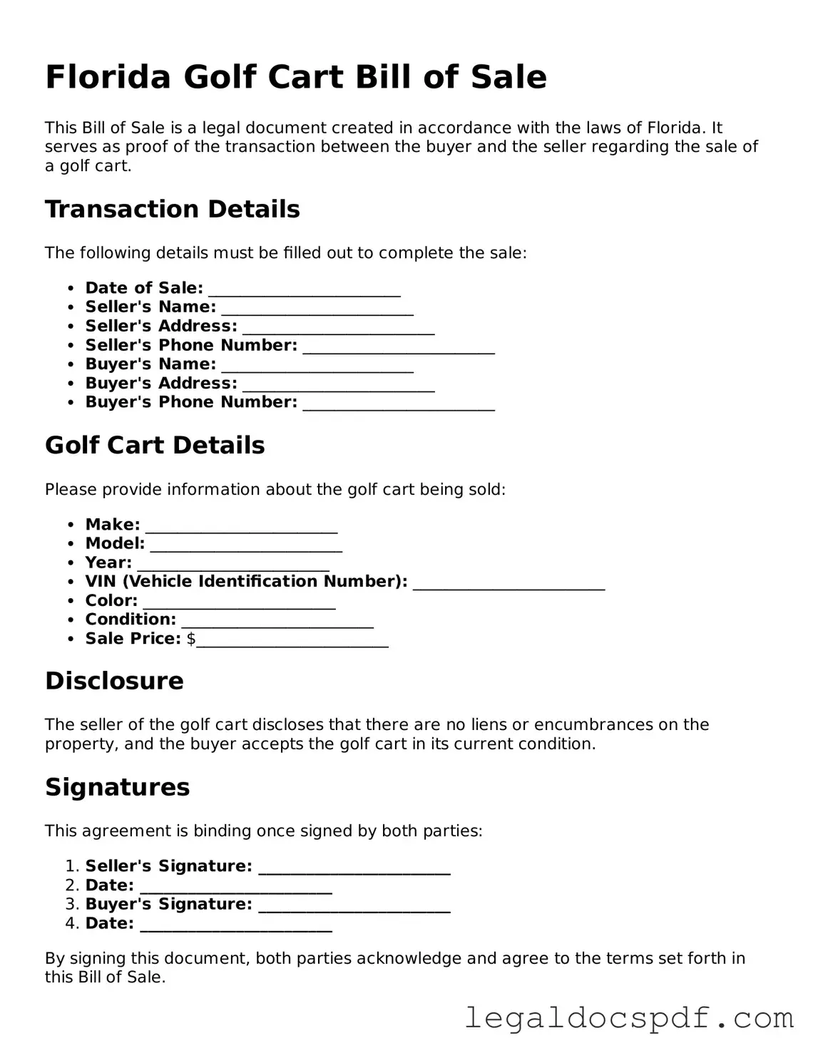 Legal Florida Golf Cart Bill of Sale Form