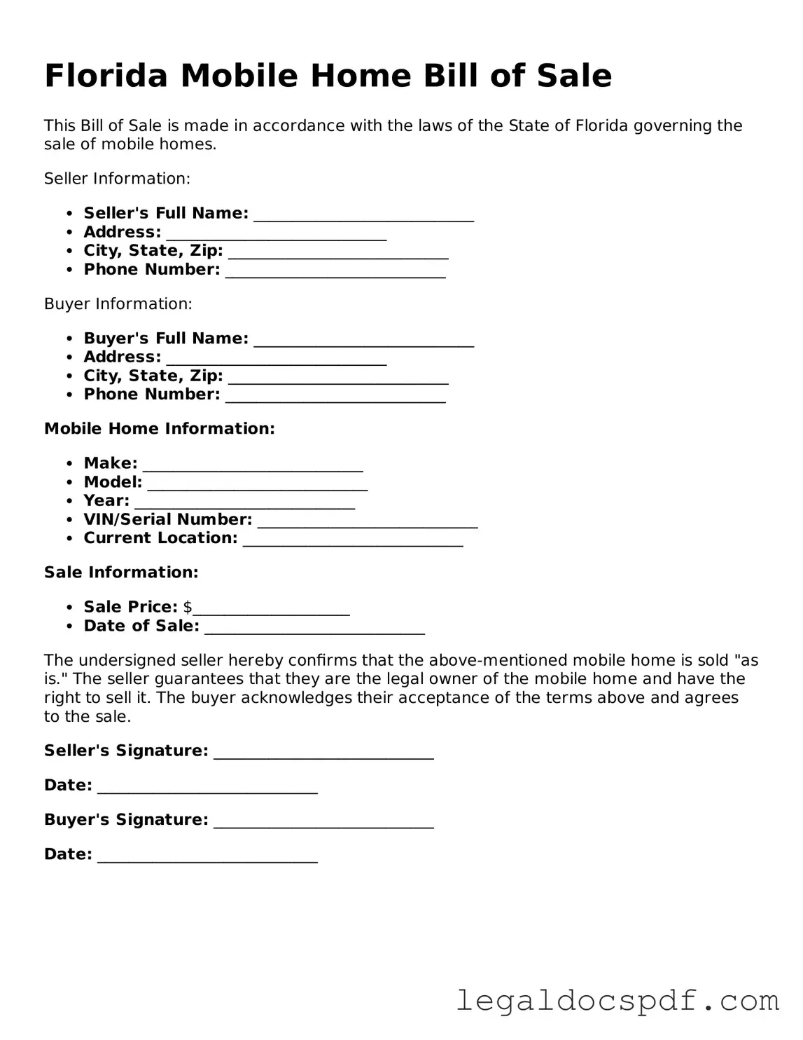 Legal Florida Mobile Home Bill of Sale Form