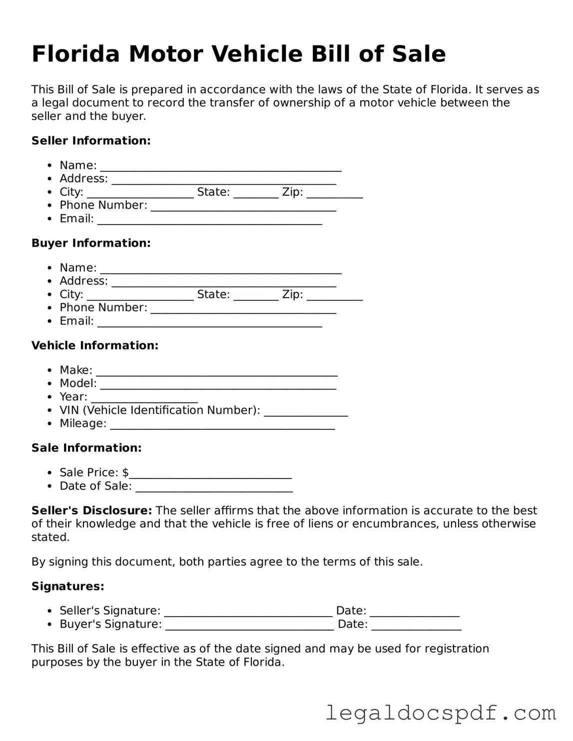 Legal Florida Motor Vehicle Bill of Sale Form