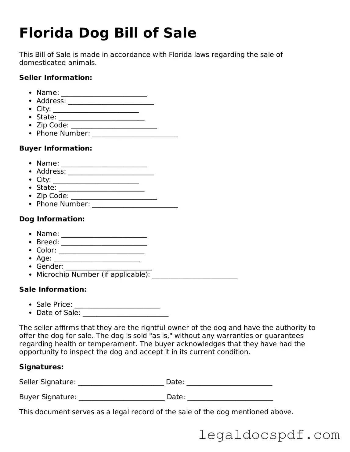 Legal Florida Dog Bill of Sale Form
