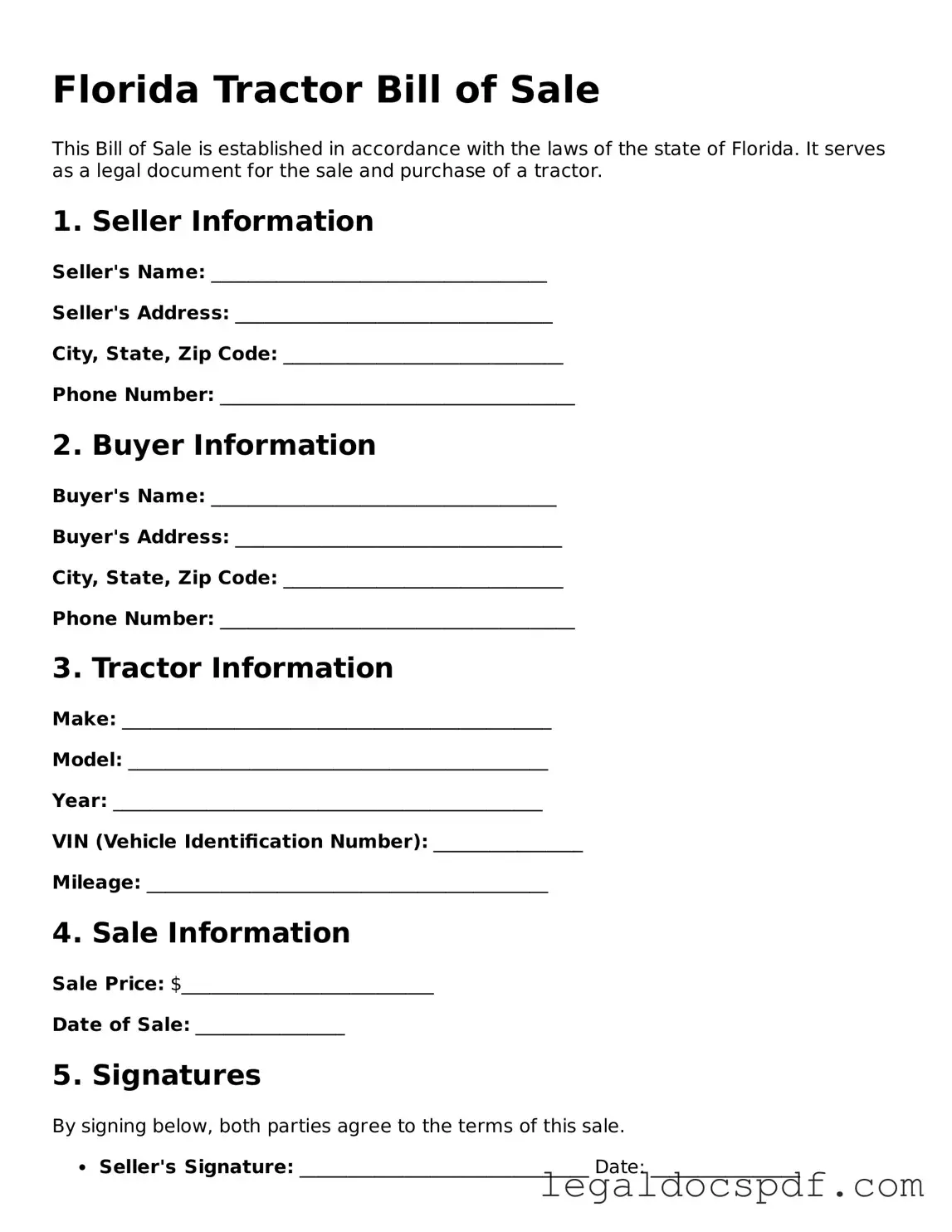 Legal Florida Tractor Bill of Sale Form