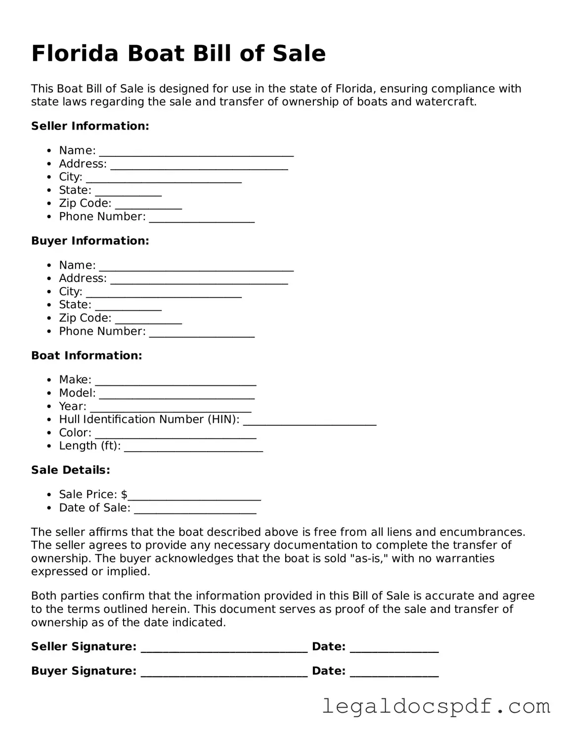 Legal Florida Boat Bill of Sale Form