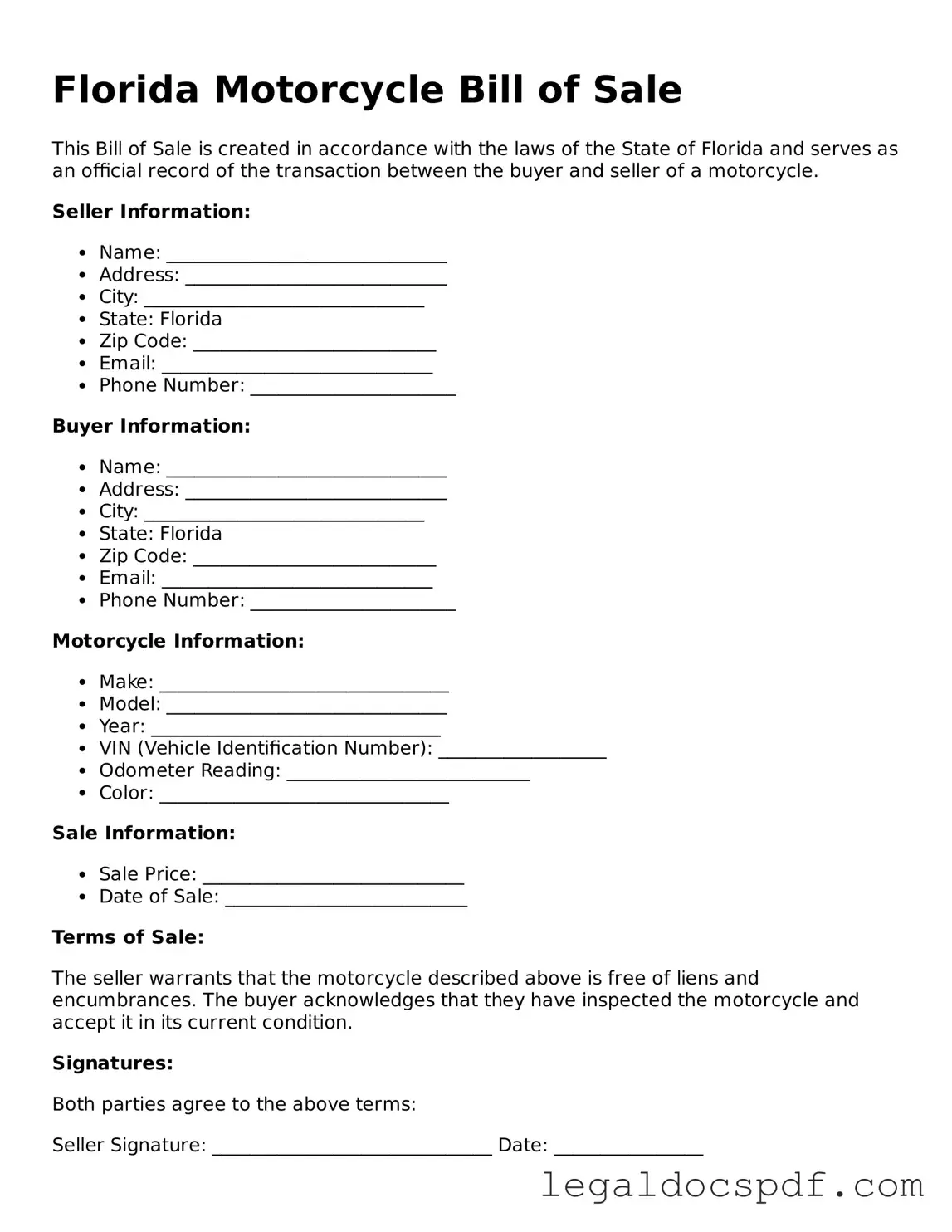 Legal Florida Motorcycle Bill of Sale Form