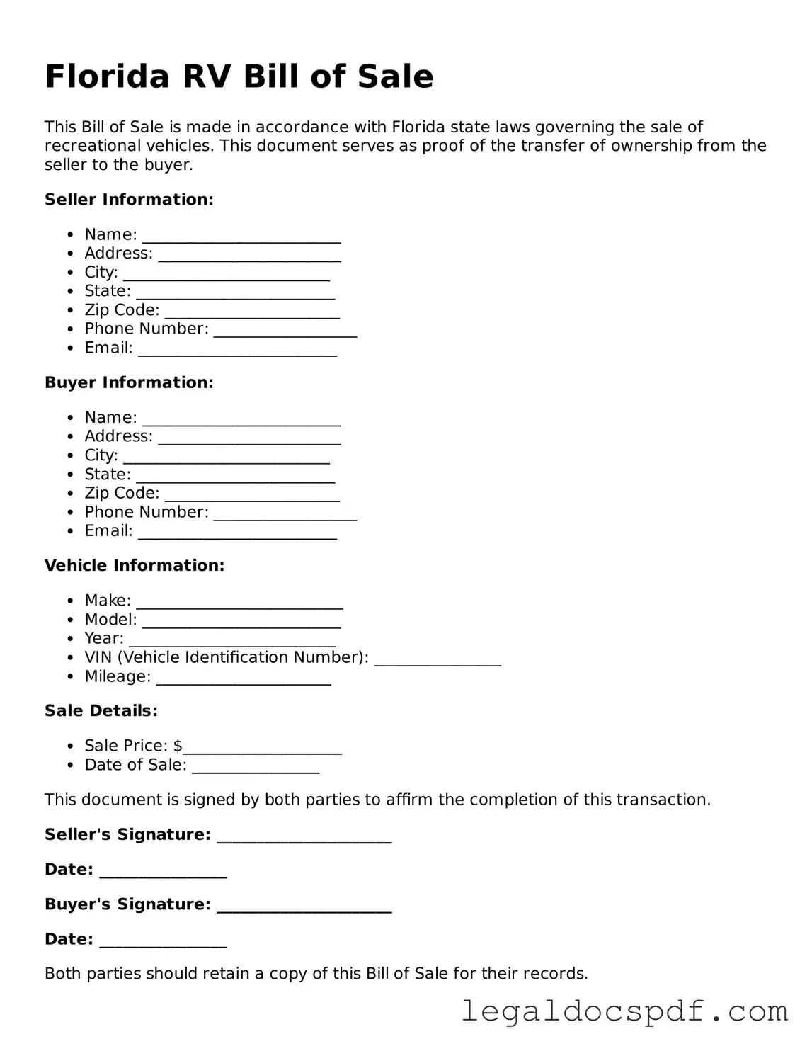 Legal Florida RV Bill of Sale Form
