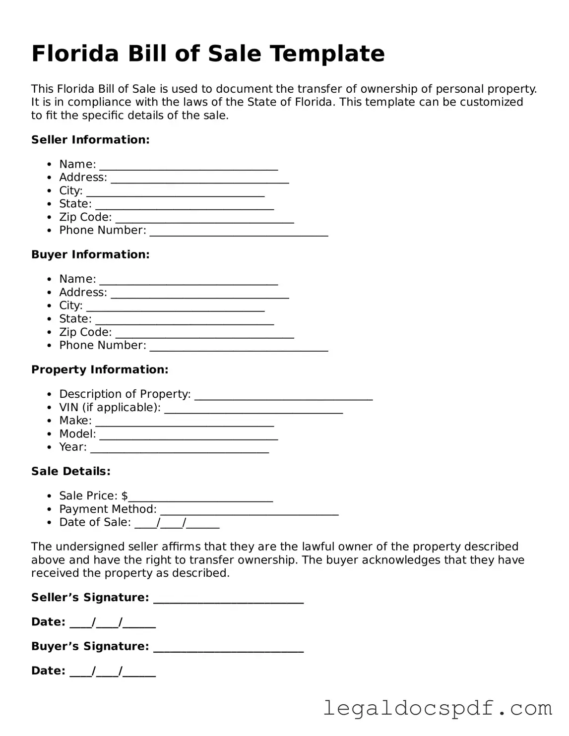 Legal Florida Bill of Sale Form