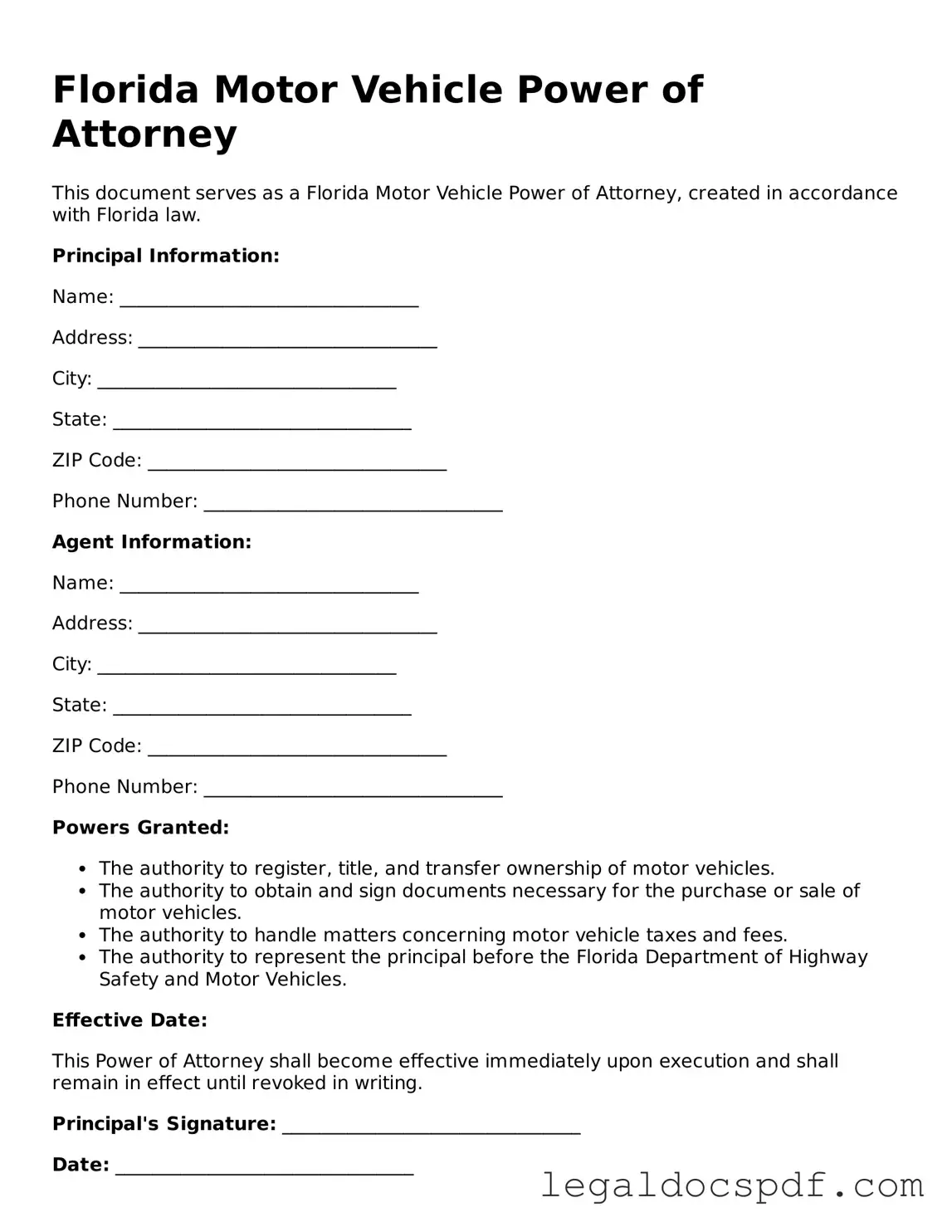 Legal Florida Motor Vehicle Power of Attorney Form