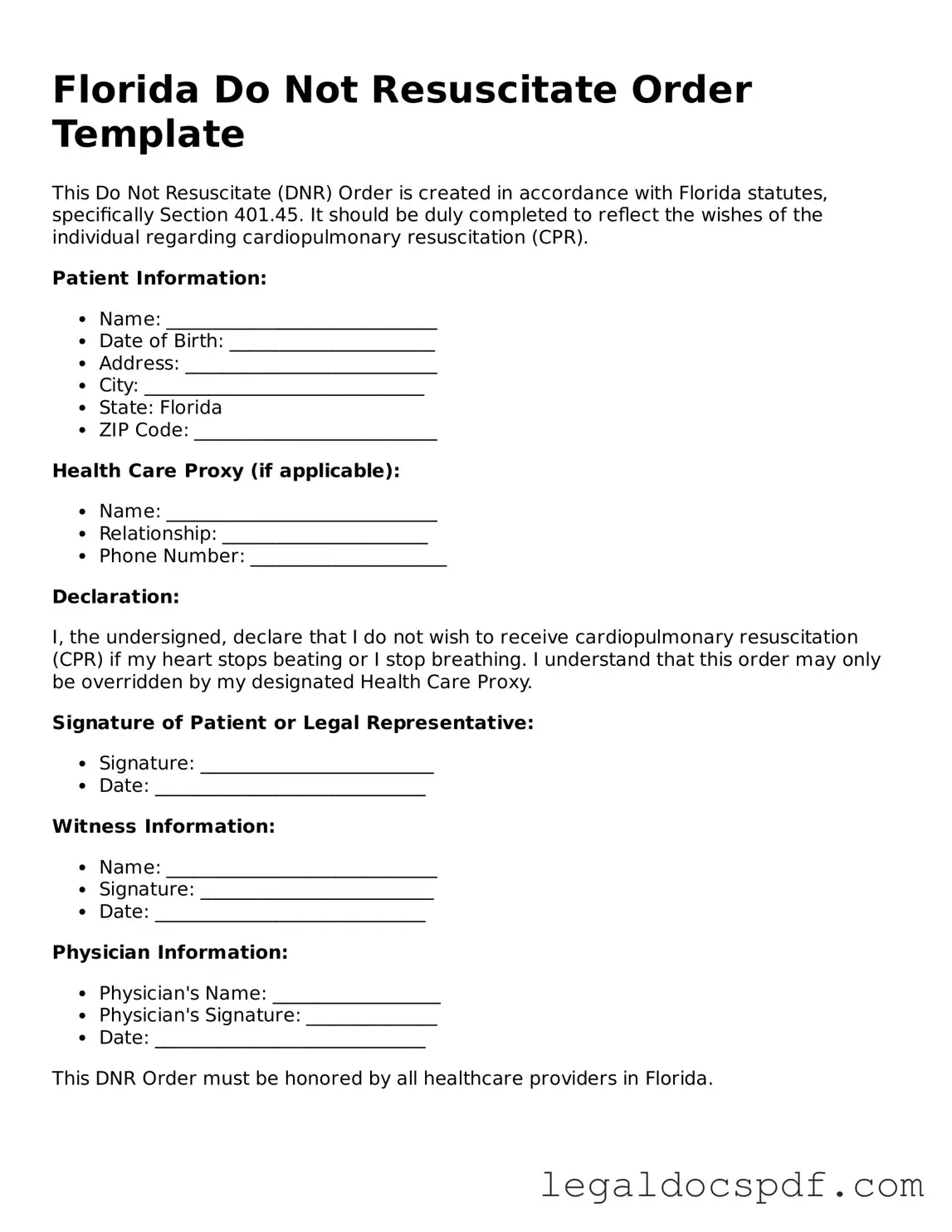 Legal Florida Do Not Resuscitate Order Form