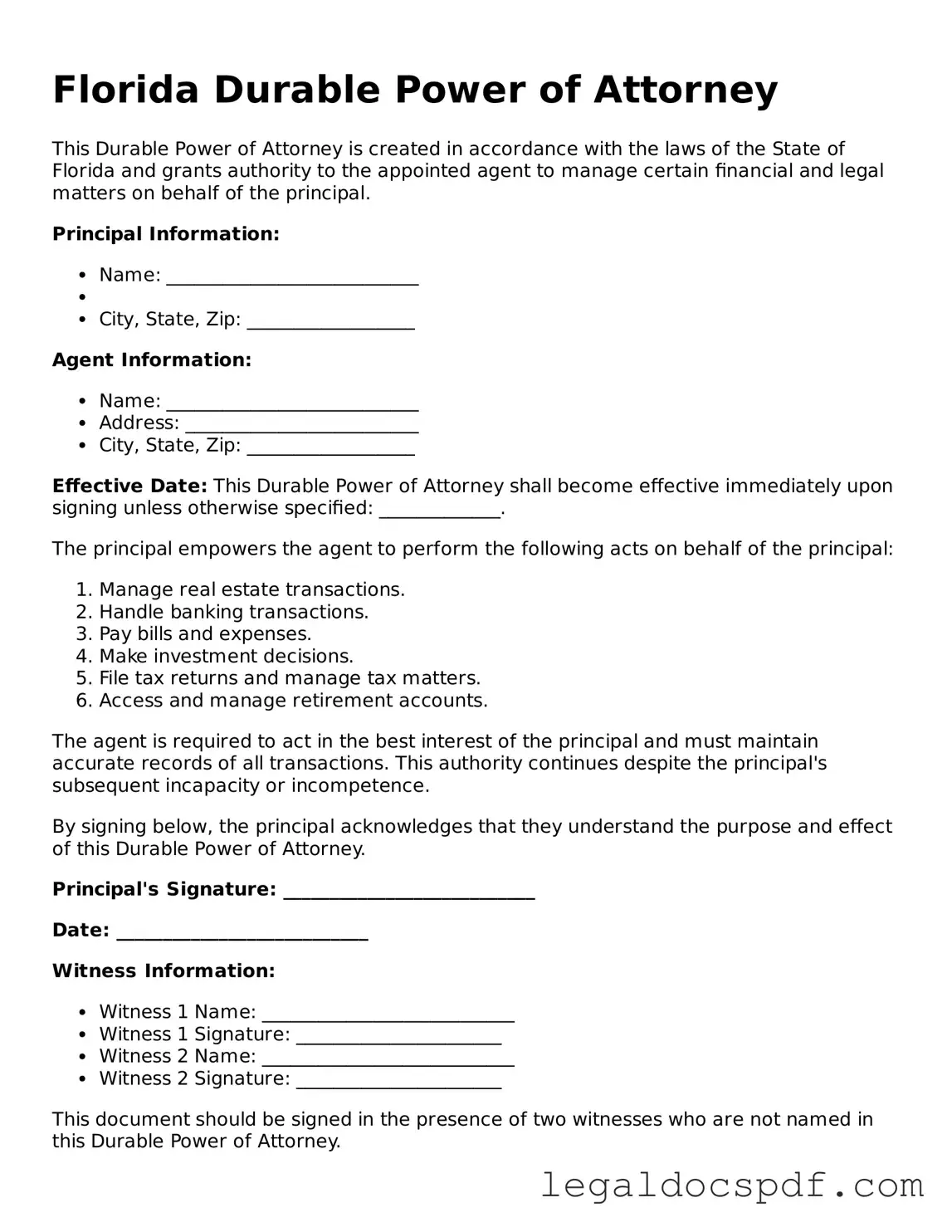 Legal Florida Durable Power of Attorney Form
