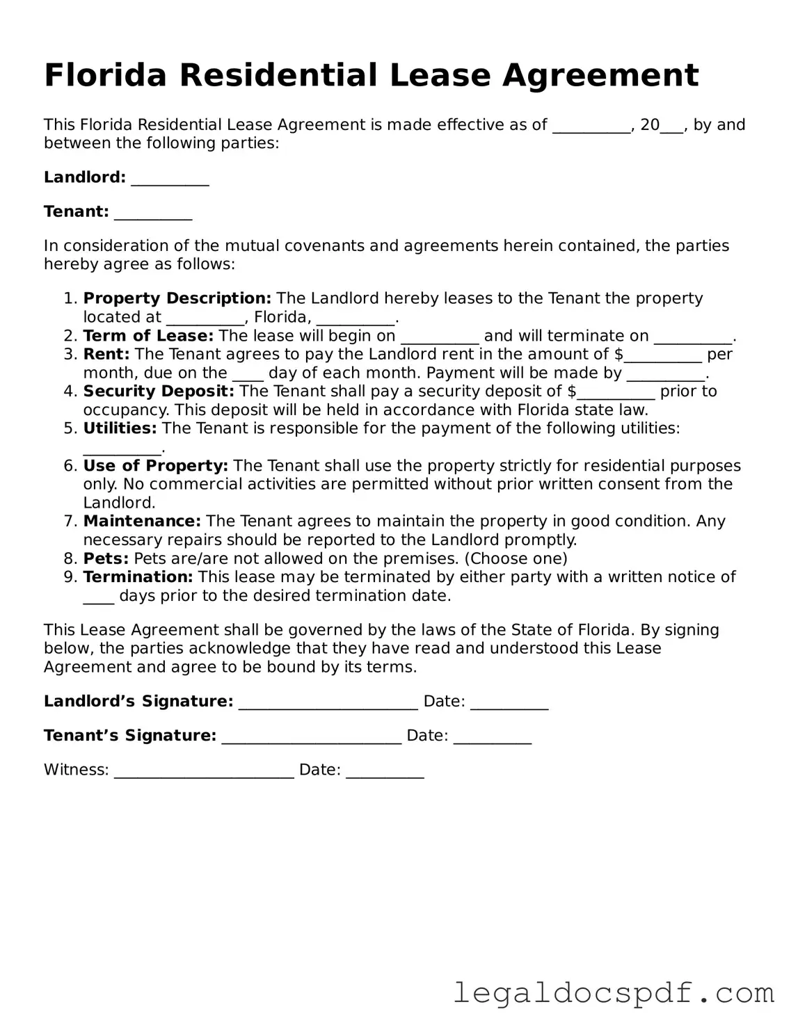 Legal Florida Residential Lease Agreement Form
