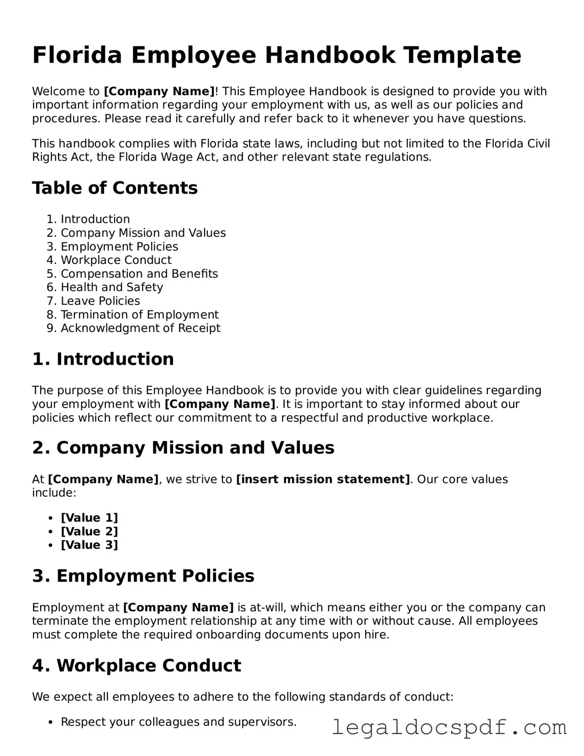 Legal Florida Employee Handbook Form