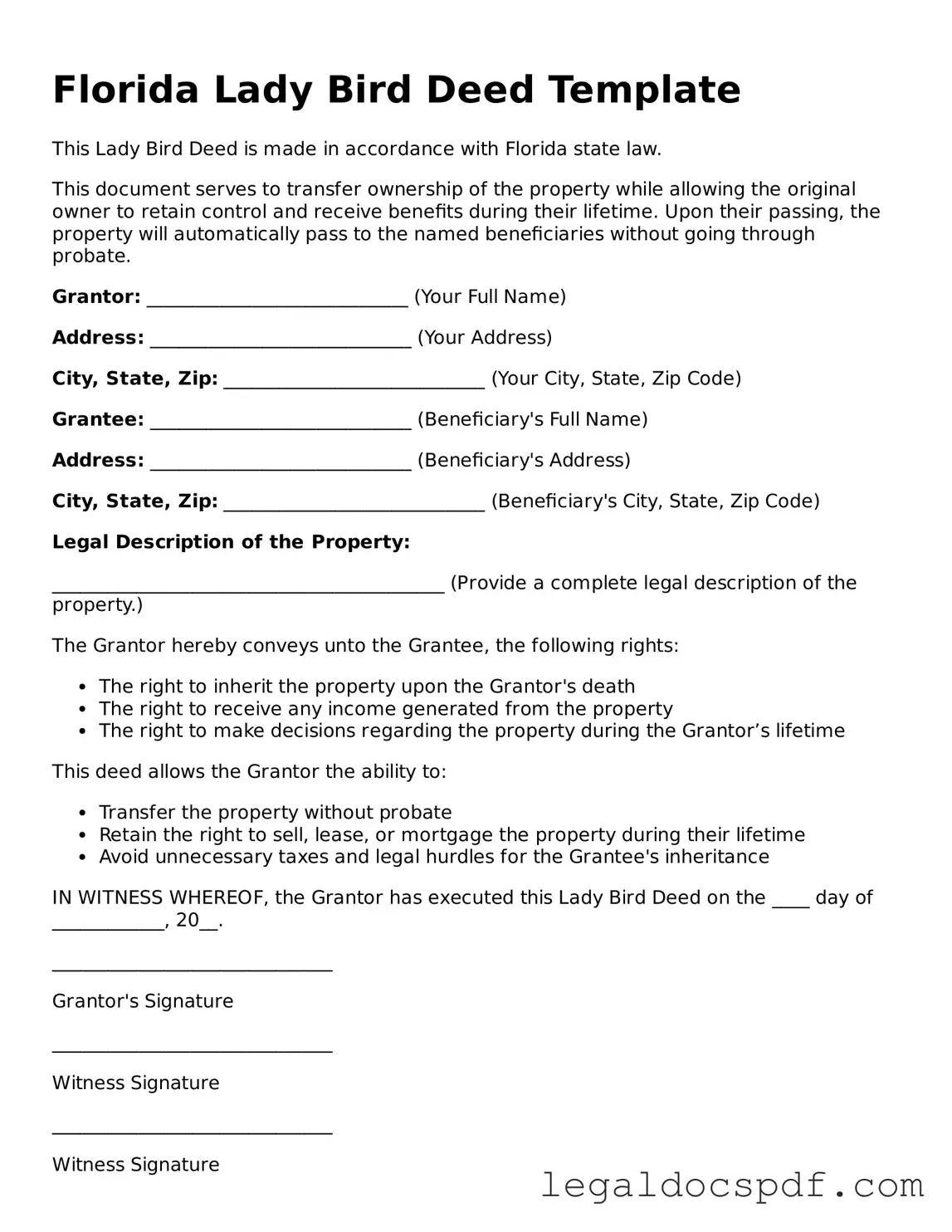 Legal Florida Lady Bird Deed Form