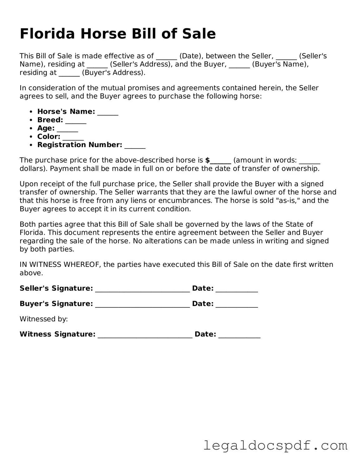 Legal Florida Horse Bill of Sale Form