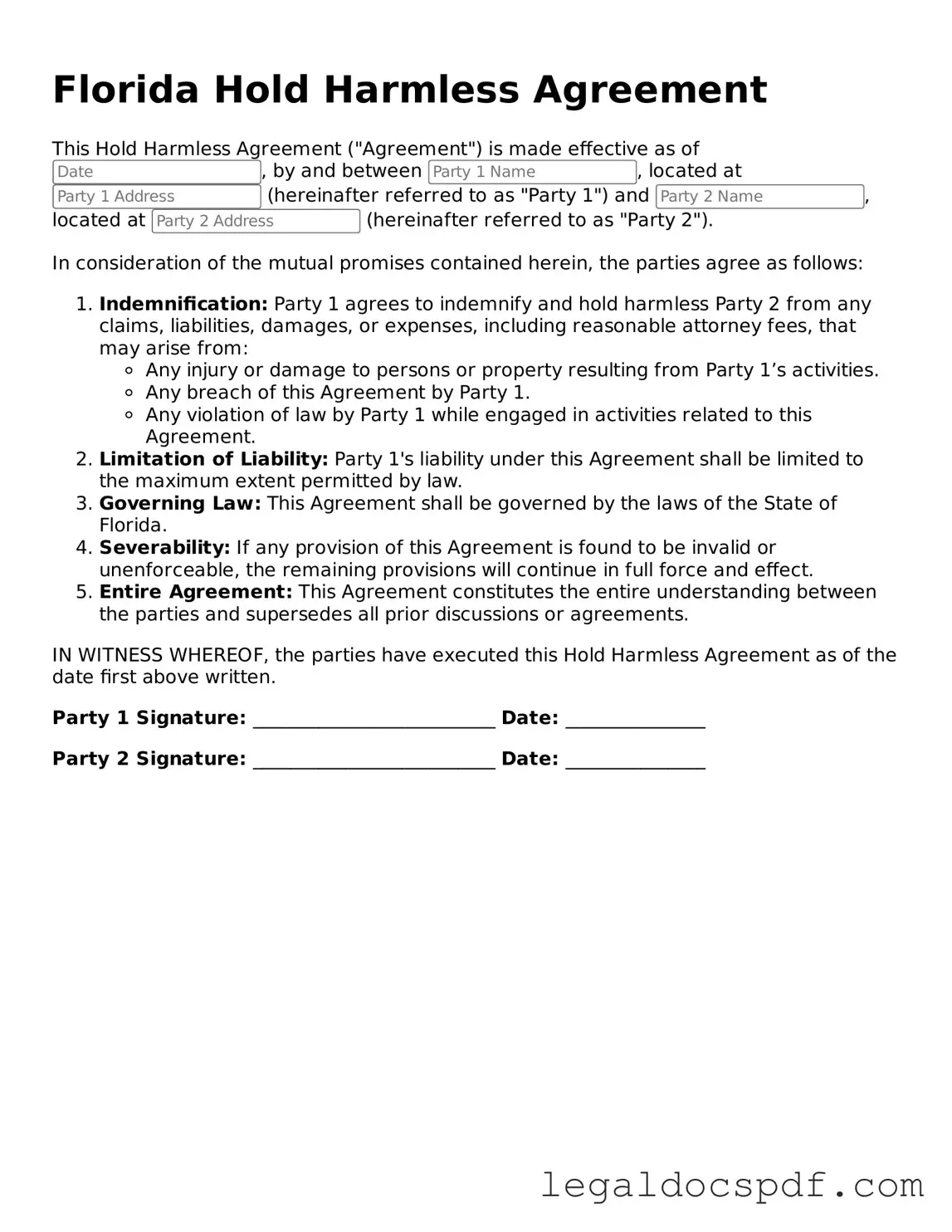 Legal Florida Hold Harmless Agreement Form