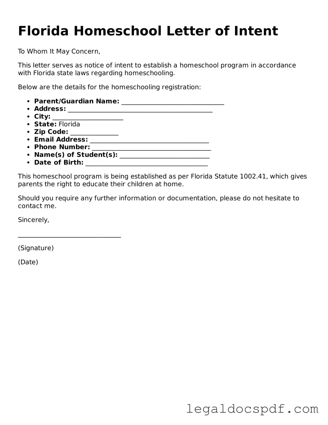 Legal Florida Homeschool Letter of Intent Form