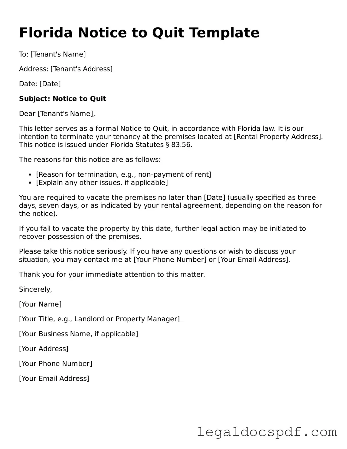 Legal Florida Notice to Quit Form