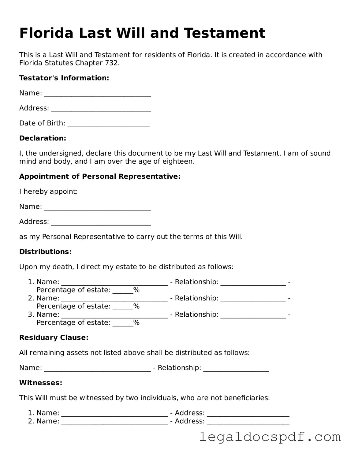 Legal Florida Last Will and Testament Form