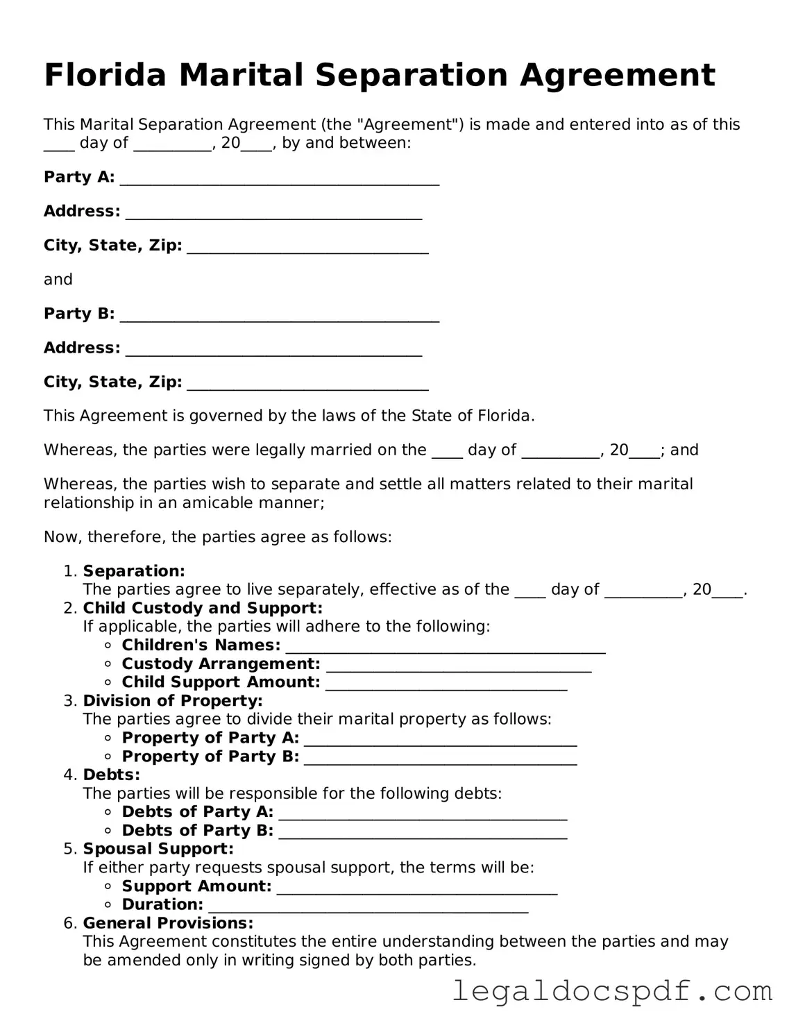 Legal Florida Marital Separation Agreement Form