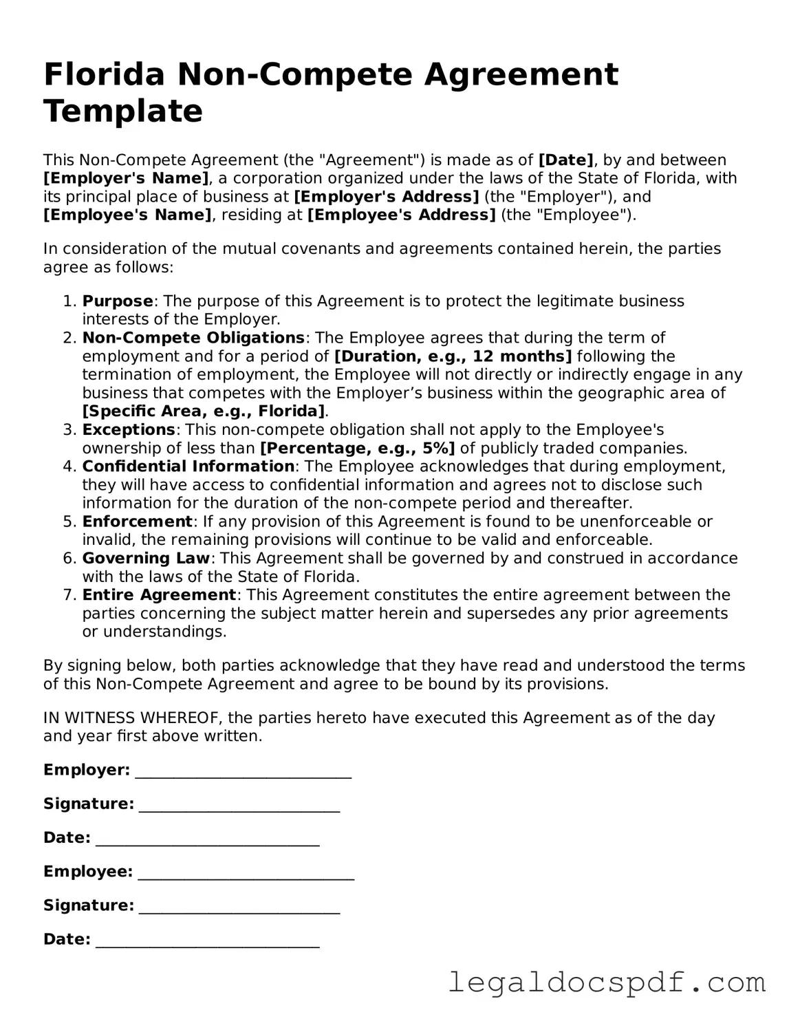Legal Florida Non-compete Agreement Form
