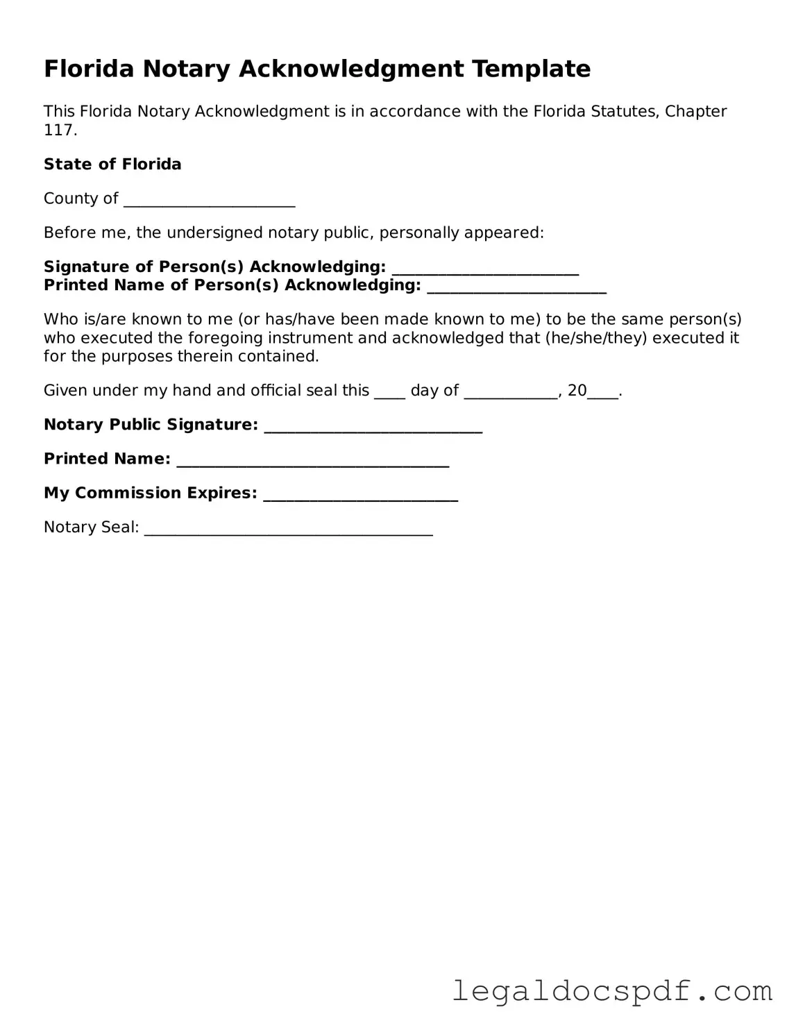 Legal Florida Notary Acknowledgement Form