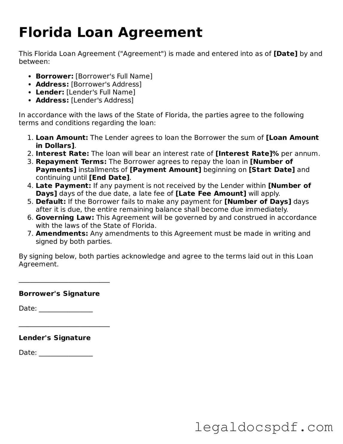 Legal Florida Loan Agreement Form