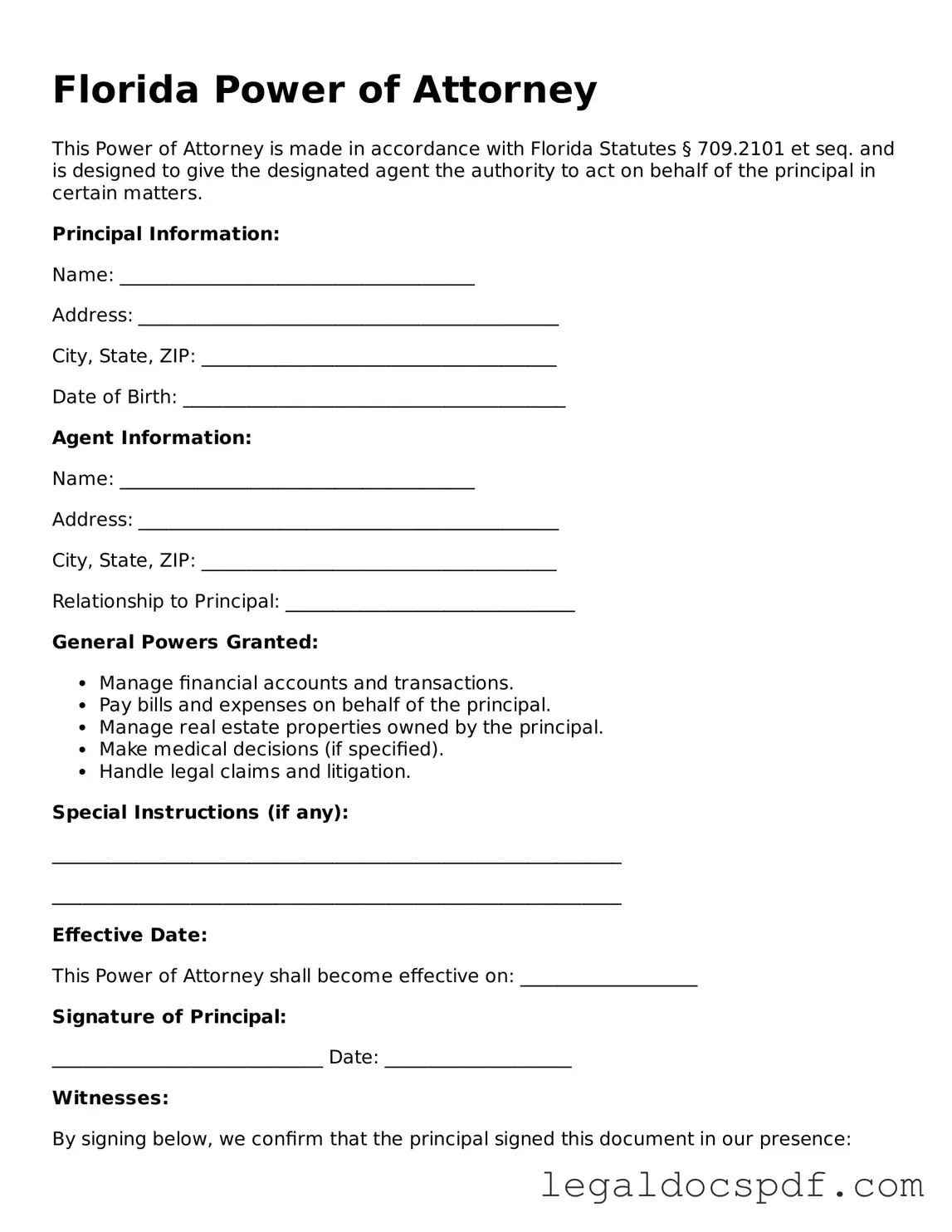 Legal Florida Power of Attorney Form