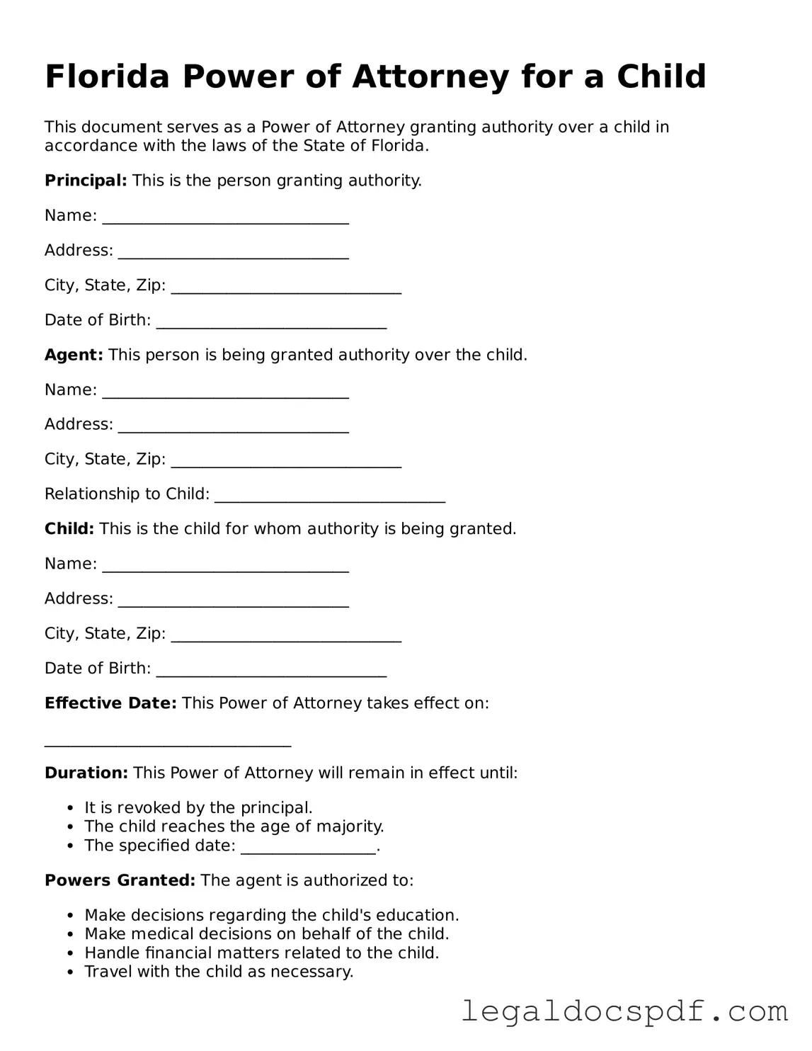 Legal Florida Power of Attorney for a Child Form
