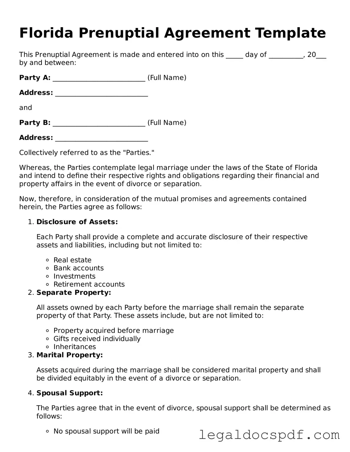 Legal Florida Prenuptial Agreement Form
