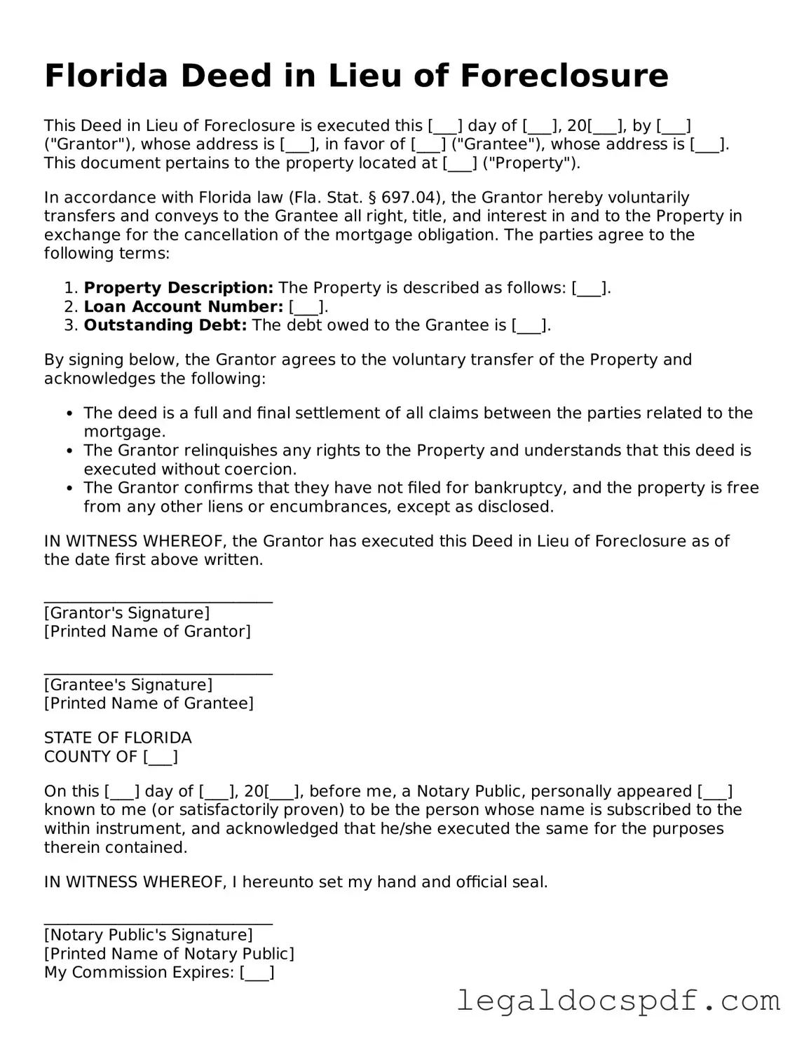Legal Florida Deed in Lieu of Foreclosure Form