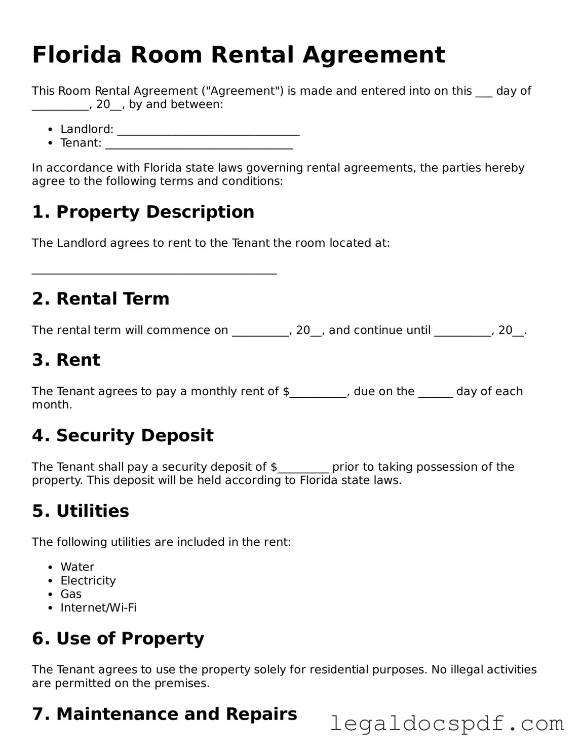 Legal Florida Room Rental Agreement Form