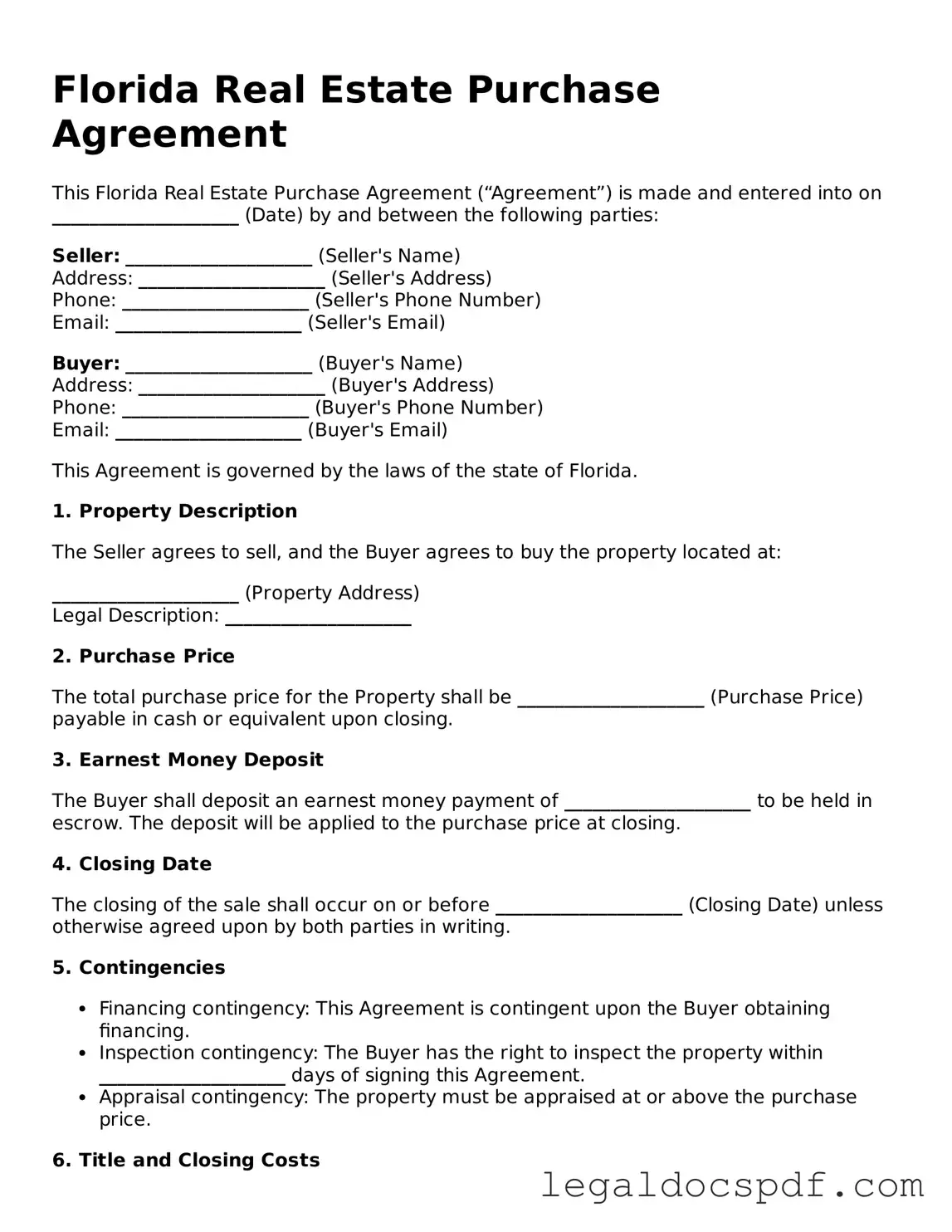 Legal Florida Real Estate Purchase Agreement Form