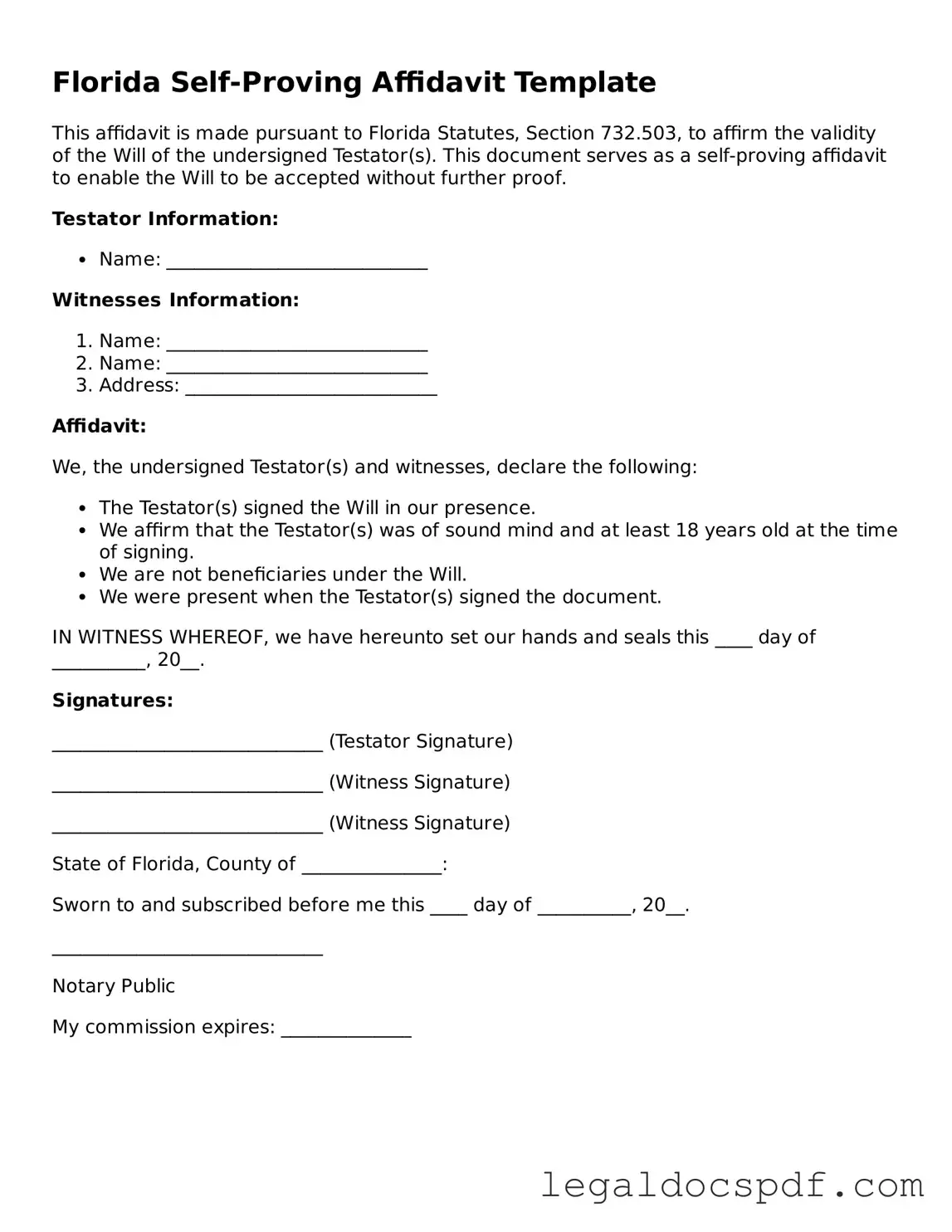 Legal Florida Self-Proving Affidavit Form