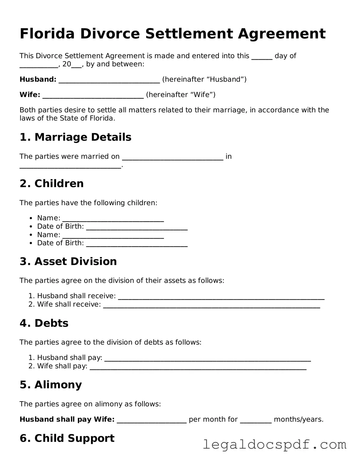 Legal Florida Divorce Settlement Agreement Form