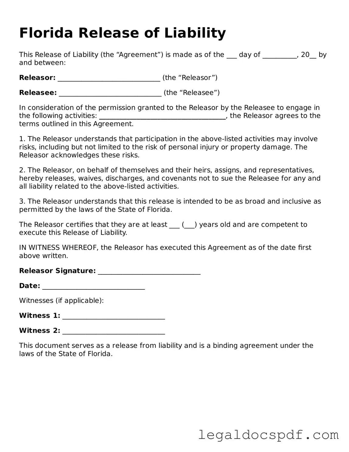 Legal Florida Release of Liability Form