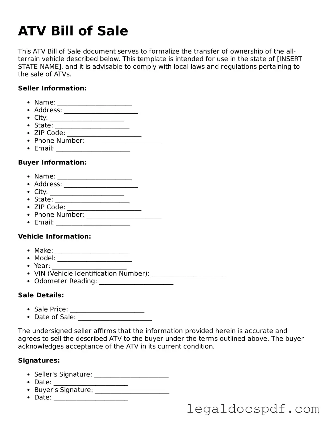 Valid ATV Bill of Sale Template