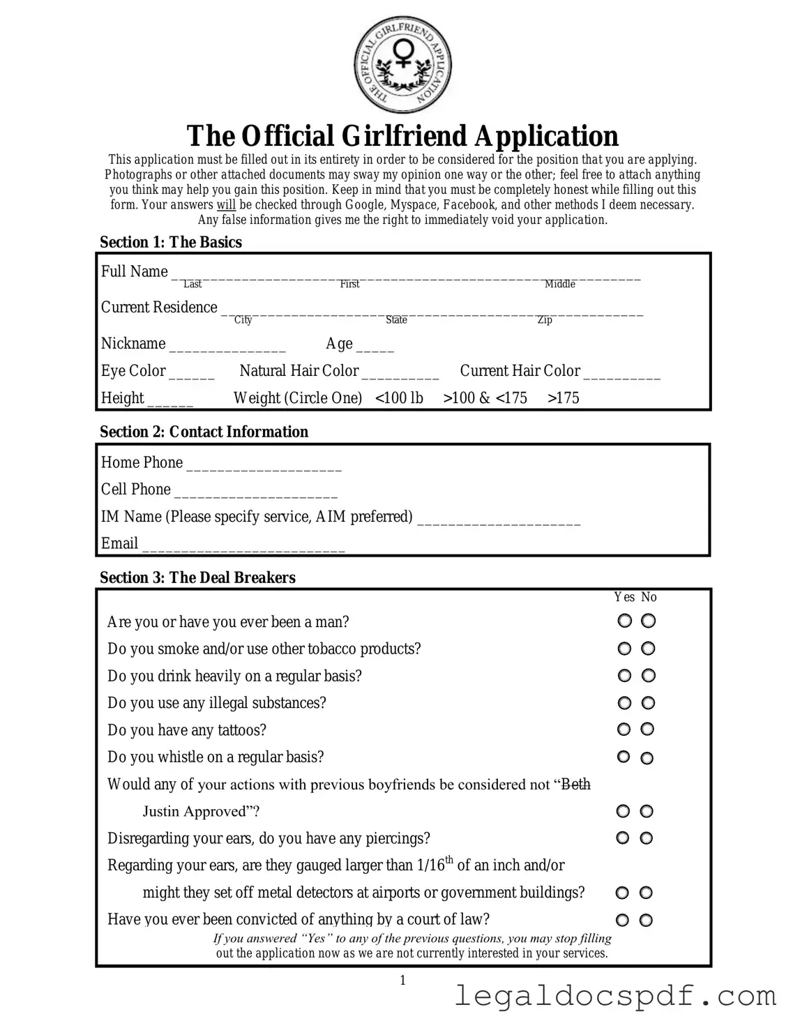 Fill Out Your Girlfriend Application Form