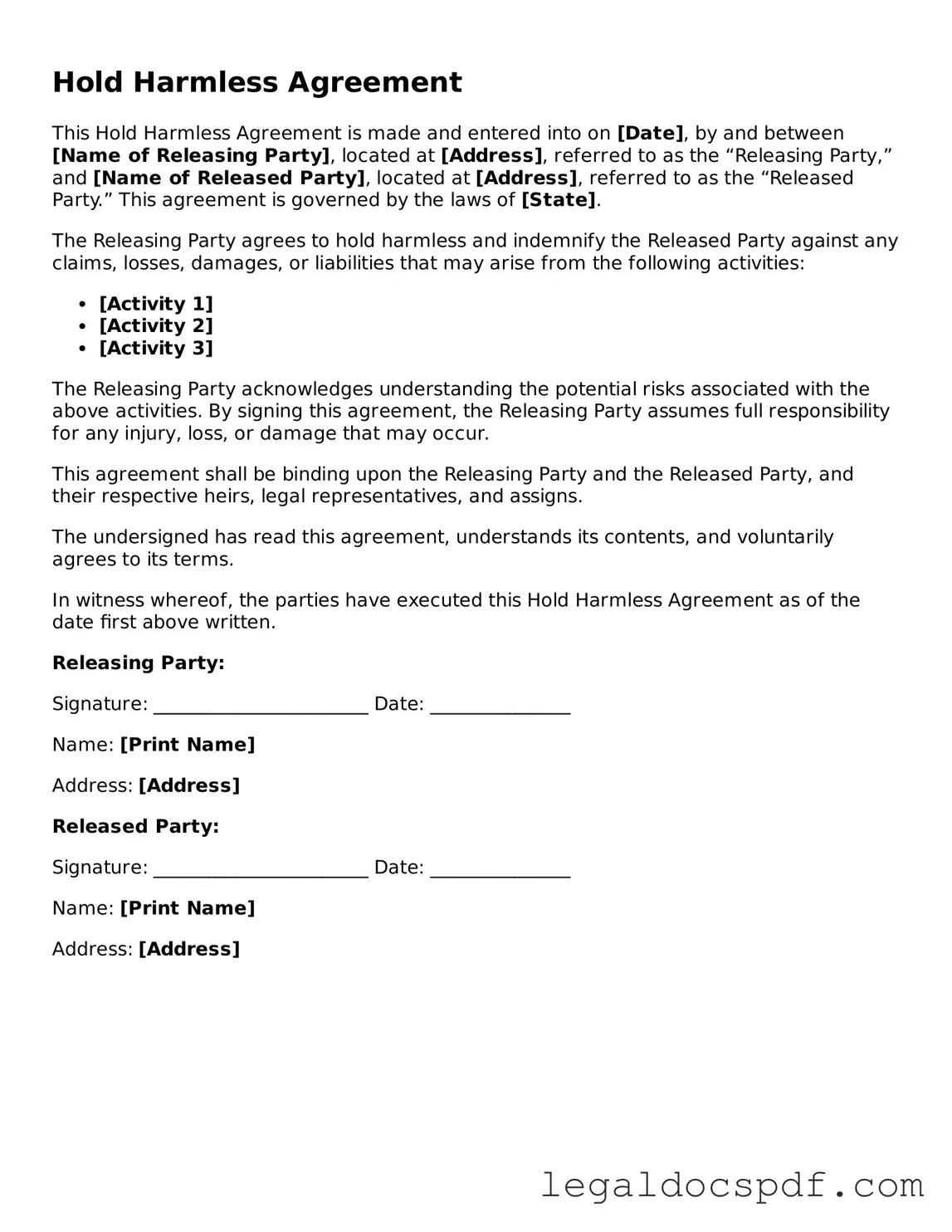 Valid Hold Harmless Agreement Template