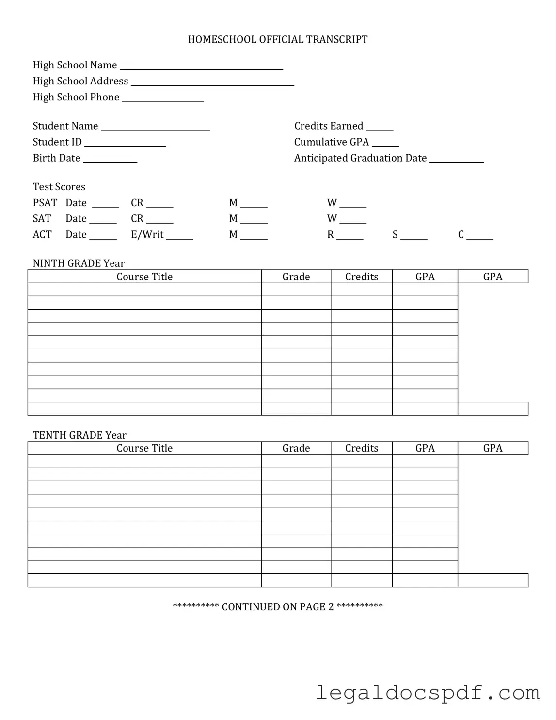Fill Out Your High School Transcript Form