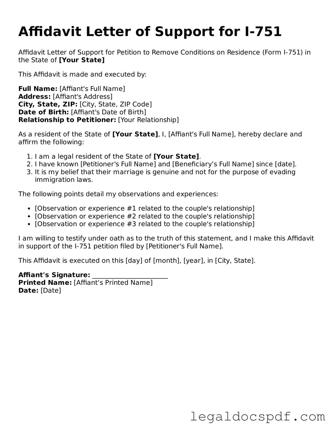 Valid Affidavit Letter of Support for I-751 Template