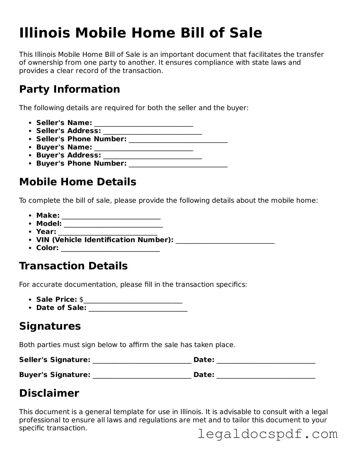 Legal Illinois Mobile Home Bill of Sale Form
