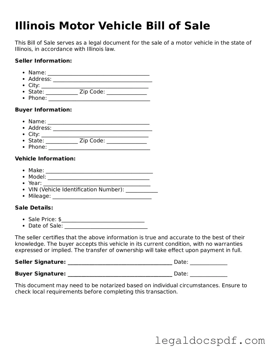 Legal Illinois Motor Vehicle Bill of Sale Form