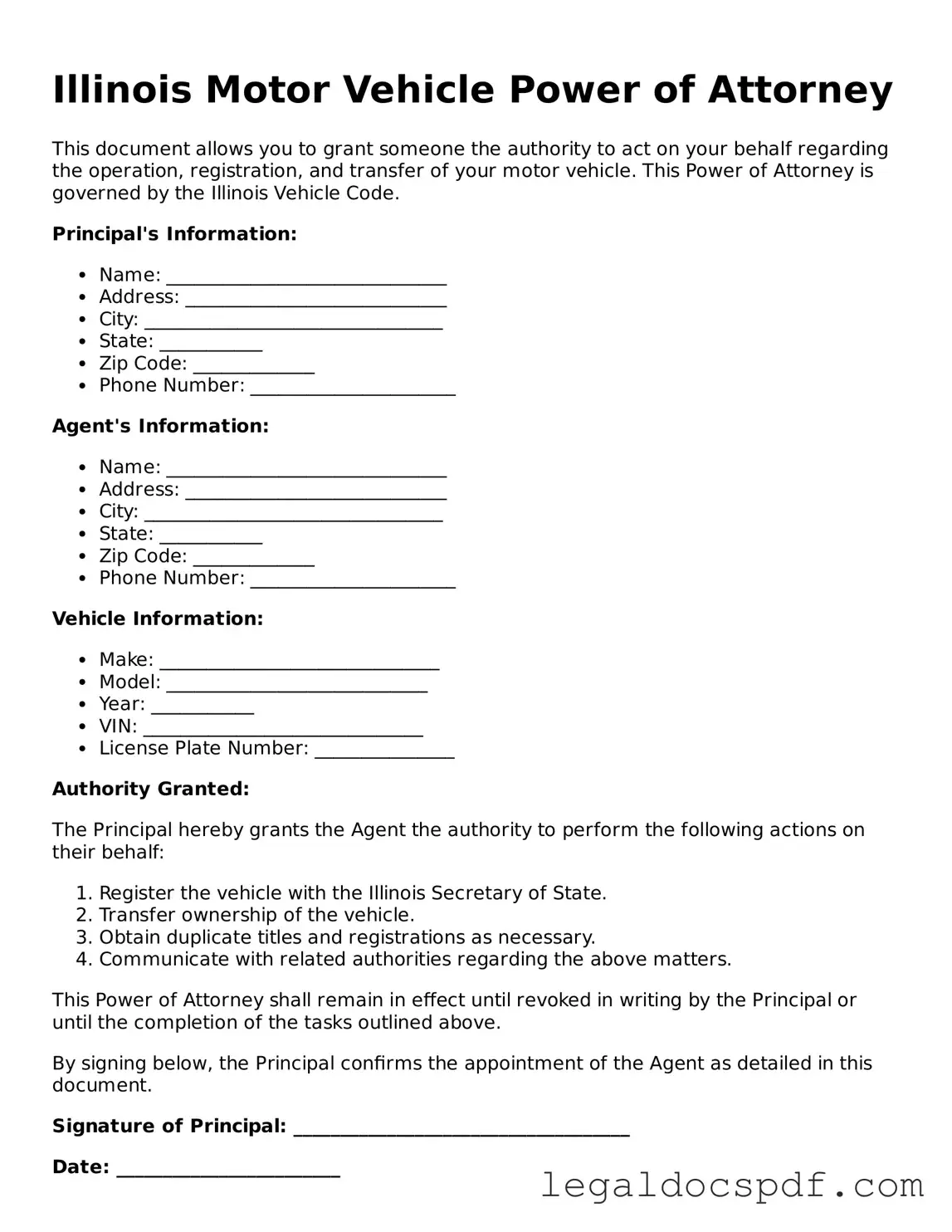Legal Illinois Motor Vehicle Power of Attorney Form