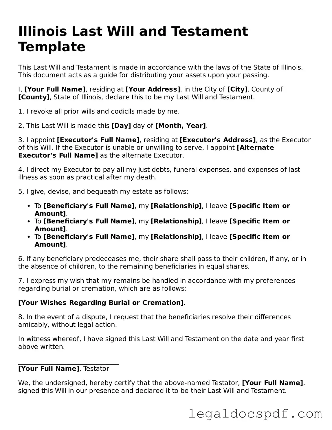 Legal Illinois Last Will and Testament Form
