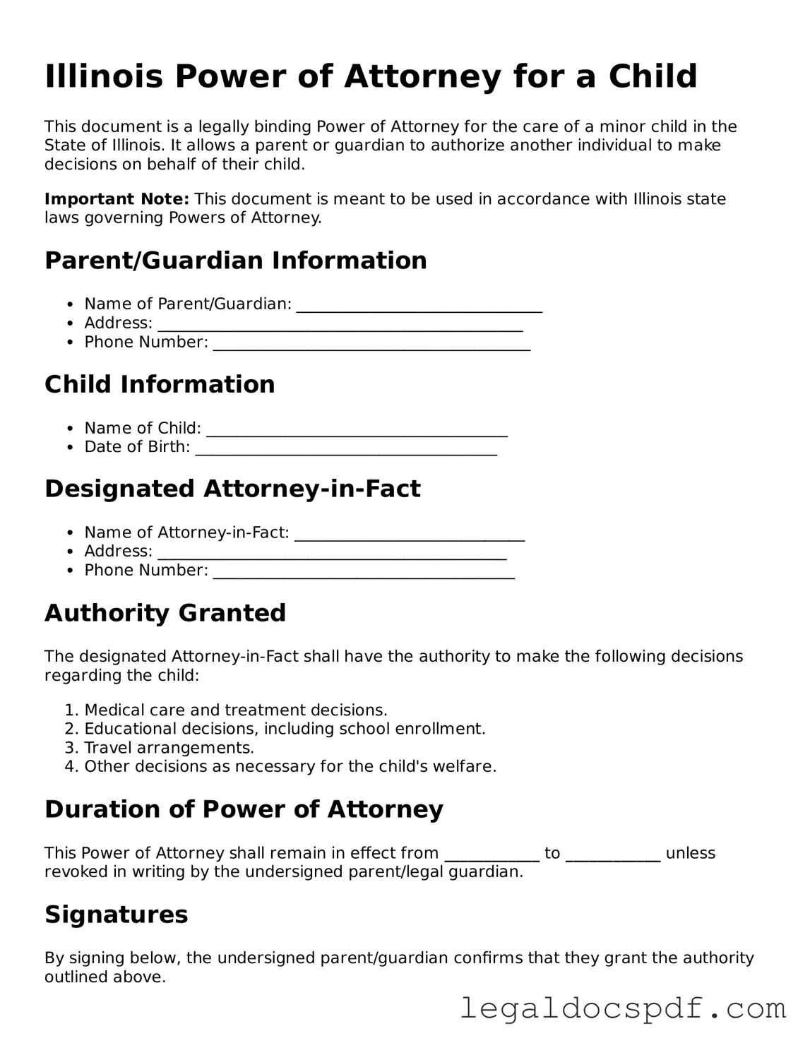 Legal Illinois Power of Attorney for a Child Form